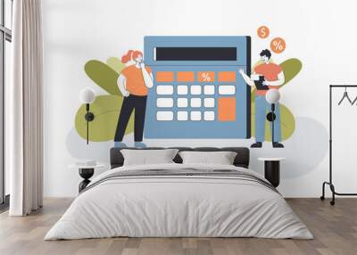 Tiny people calculating interest fee, vat refund. Man and woman with calculator flat vector illustration. Finance analysis and management concept for banner, website design or landing web page Wall mural