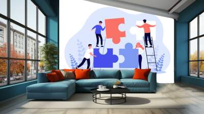 Tiny people connecting puzzle parts. Business team working on jigsaw together. Vector illustration for partners connection, cooperation, teamwork, partnership concept Wall mural