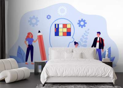 Tiny students studying with books and pencil. People training mind near abstract head with cubes flat vector illustration. Education, knowledge concept for banner, website design or landing web page Wall mural