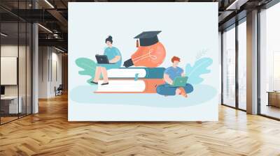 Tiny students with laptops with huge books and lightbulb. Cartoon man and woman studying online, graduation hat on bulb flat vector illustration. Education, knowledge, technology concept for banner Wall mural