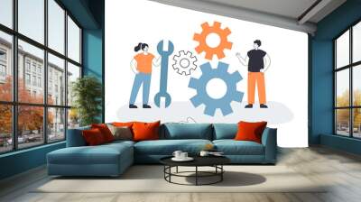 Tiny technicians with wrench to repair gear in mechanism. Technical work of man and woman flat vector illustration. Maintenance service, upgrade concept for banner, website design or landing web page Wall mural