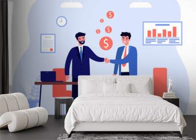 Two business men shaking hands in office. Flat vector illustration. Partnership, agreement, profit, business meeting concept Wall mural