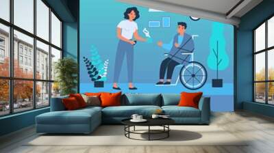 Woman giving medicine to sick man in wheelchair. Flu, syrup, temperature flat vector illustration. Healthcare and therapy concept for banner, website design or landing web page Wall mural