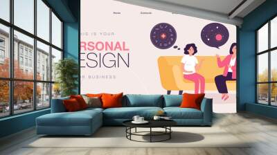 Women talking about horoscope and constellations in sky. Persons studying astronomy and astrology flat vector illustration. Science and esoterics concept for banner, website design or landing web page Wall mural