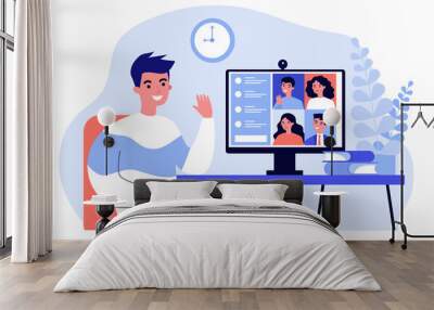 Worker using computer for collective virtual meeting and group video conference. Man at desktop chatting with friends online. illustration for videoconference, remote work, technology concept Wall mural