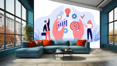 Workflow organization for tiny employees by boss. Hands giving lightbulb, clock and target to man and woman flat vector illustration. Efficiency concept for banner, website design or landing web page Wall mural