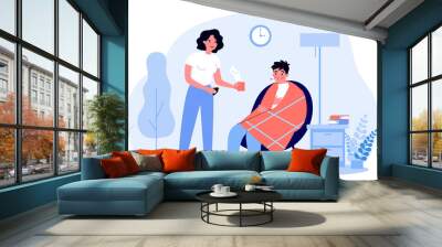 Young beautiful woman giving medicine to sick man in plaid flat illustration. Cartoon person sitting in armchair, having flu and getting cold. Healthcare and sickness concept. Wall mural