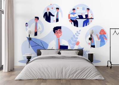 Young doctor and his work routine in hospital. Pill, patient, nurse flat vector illustration. Occupation and medicine concept for banner, website design or landing web page Wall mural