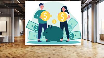 Young family investing money for future flat vector illustration. Man and woman saving finances on deposit for house. Economy and financial independence concept. Wall mural