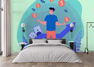 Young man earning money passively vector illustration. Cartoon drawing of man with financial freedom and growth, success and investment. Passive income, finances, investment concept Wall mural