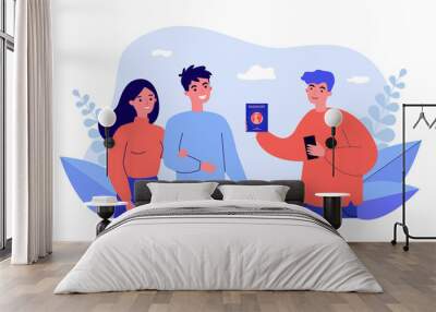 Young man showing passport to couple. Flat vector illustration. Registration of foreign, international, vaccination passport for travel, work. Documentation, travel, immunity concept for banner design Wall mural