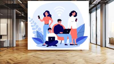 Young people browsing online via laptop and smartphones flat illustration. Users watching movie, surfing on sites and using Wi-Fi. Social media and digital technology concept. Wall mural