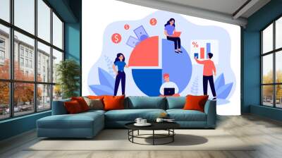 Young professionals working online as team. Flat vector illustration. Men and women studying statistics, increasing profits and receiving money. Business, online, web technology, teamwork concept Wall mural