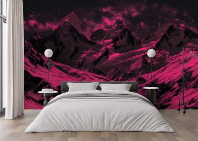 A landscape of mountains depicted in pink and black, with a funky background, abstract natural scenery Wall mural