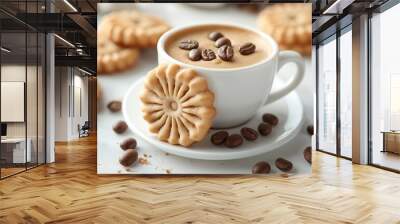 cup of coffee, espresso coffee inside the cup, coffee beans and flowers, cookies  Wall mural