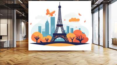 eiffel tower city illustration, flat design, illustration of the eiffel tower, France paris, landmark, tourist attraction Wall mural