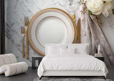 empty white plate with golden edge decoration, Luxurious and elegant, expensive white tableware setting Wall mural