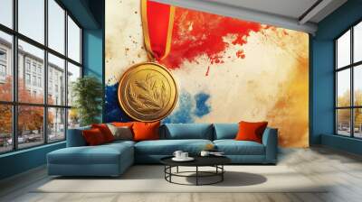 gold medal with red ribbon, Olympic gold medal, joyful, cheerful, sporting event, energetic, winner, awards Wall mural