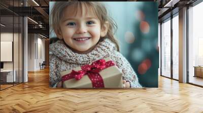 little girl with gift box, child holding christmas gift, A child smiling while looking straight ahead, holding a gift box in their arms  Wall mural