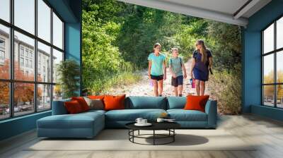 A family hiking together along a scenic mountain trail on a summer day. Lifestyle photo of people outdoors enjoying nature and being active Wall mural