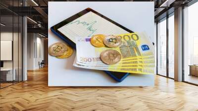 The concept of selling currency and bitcoin on the currency exchange. Wall mural