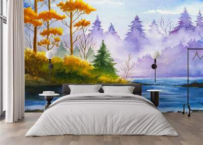 Autumn landscape. Watercolor illustration. Wall mural