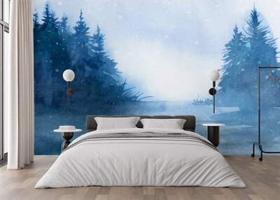 Winter landscape. Watercolor landscape illustration. Christmas b Wall mural