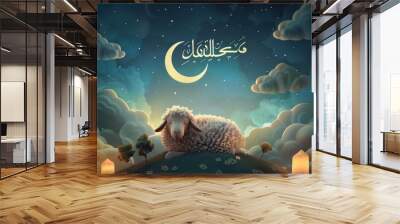 Arabic calligraphy text of Eid Mubarak for the celebration of Muslim community festival Eid Al Adha. Greeting card with sacrificial sheep and crescent on cloudy night background. Ai generated Wall mural