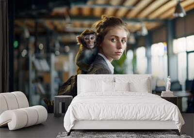 Young professional woman with monkey on her back, weighed down, challenges Wall mural