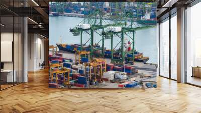 Commercial port with container ships during loading and unloading Wall mural