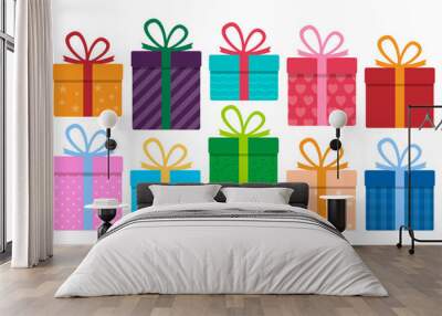 set of colorful gifts, many different boxes with bows. vector illustration. Wall mural