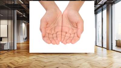 cupped hands of young woman - isolated on white background Wall mural