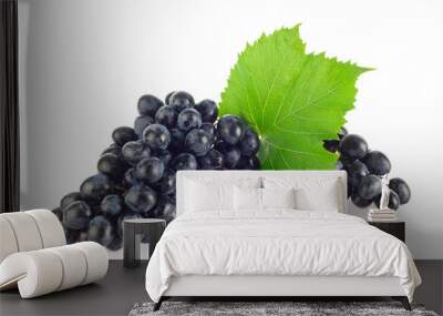 Bunch of blue organic grapes with green leaf, isolated on white Wall mural