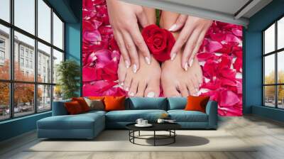 Beautiful woman's hands and legs with red rose petals Wall mural