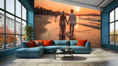 couple walking on the beach, couple at sunset, sunset beach, generative ai Wall mural