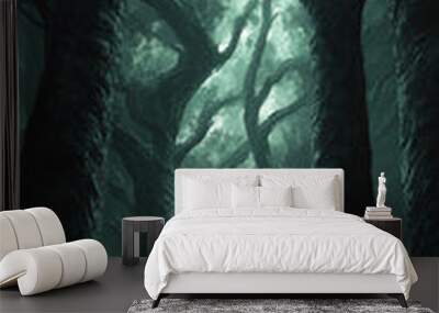 Fear represented by a dark forest with looming trees Wall mural