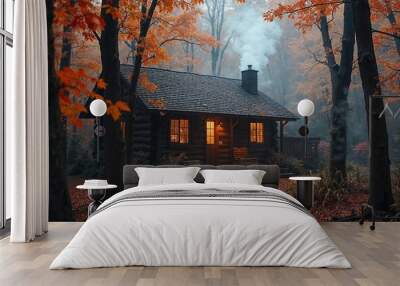 Cozy log cabin in an enchanting autumn forest with smoke rising from the chimney. Wall mural