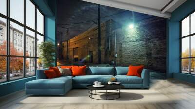 Dark and eerie industrial urban city street at night in Chicago Wall mural