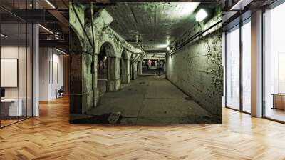 Dark and gritty Chicago urban city street and alley at night. Decaying train bridge and station underpass and sidewalk. Wall mural