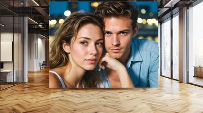 Portrait of a young couple, one against the other, in the evening, at the water's edge with the lights of the city blurred in the background. Wall mural