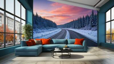 sunset in the countryside with two empty road. Wall mural