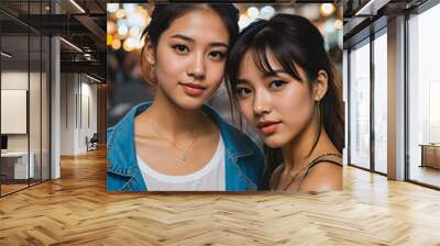 Two young Asian women together on the street at night. Wall mural