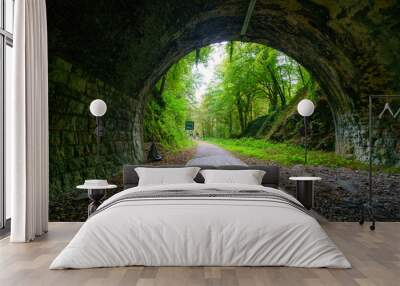 Empty tunnel with stone walls and view along road through archway, Belgium. Wall mural