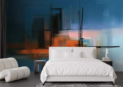 Abstract painting features a dynamic interplay of bold black lines and blurred geometric shapes in warm orange and cool blue tones. The composition evokes a sense of urban landscape and movement Wall mural