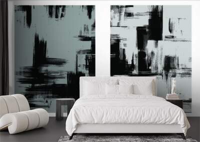 Black and white rough oil paint strokes on canvas. Set of two abstract paintings, cross hatching monochrome grungy background Wall mural