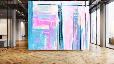 Blue, pink light paint strokes on canvas, artistic background. Modern art made with acrylic paint smears and rough brushstrokes, abstract painting Wall mural