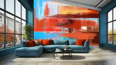 Colorful abstract dirty art painting. Bright artwork with blue and red accents on canvas made with long paint strokes Wall mural