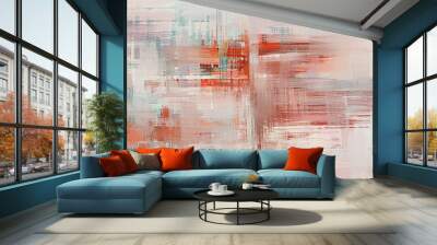 Cross hatching brush strokes, scratched paint by palette knife bright contemporary painting, oil on canvas. Coral colour art Wall mural