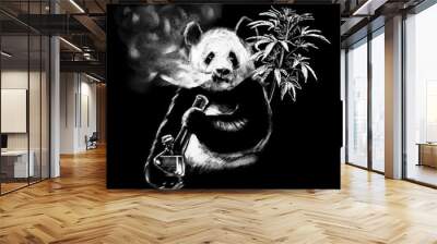 Hand drawn smoking panda on chalkboard for coffee shop. Realistic chalk drawing of chinese mammal. Real white isolated on black, not inverted from black ink illustration Wall mural