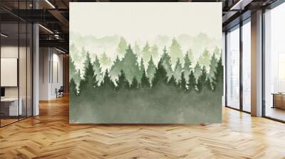 Hand drawn watercolor painting of christmas tree forest landscape. Wide copy space background Wall mural